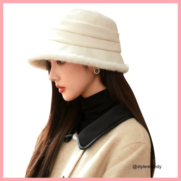 Faux Fur Trimmed Fleece Lined Packable Bucket Hat Adjustable Size